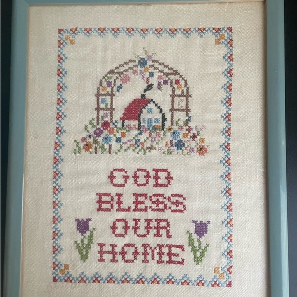 Vintage Vogart Colonial Sampler God Bless Our Home Embroidered Cross Stitch 1940 - Picture 3 of 4